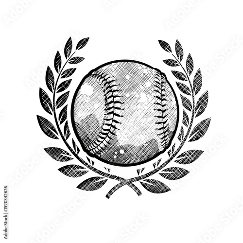 Baseball ball with laurel wreath and hand drawn texture, vector illustration