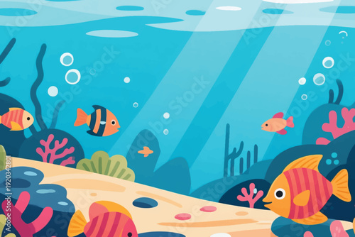 Colorful fish swimming among coral and sea plants in playful underwater cartoon illustration, vibrant ocean scene with bubbles, light rays, and sandy seabed.