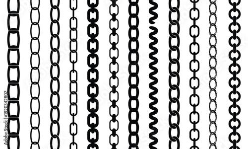 Diverse black chain patterns, showcasing various interlocking links, graphically conveying strength and connection on a bright white backdrop.