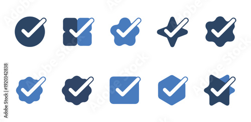 Blue and dark blue verified check marks icons in various forms for digital confirmation and approval badges