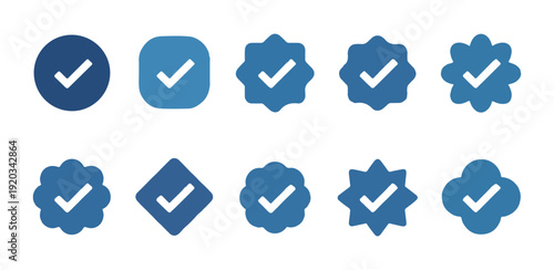 Blue verified tick icons in circles rounded squares flower shapes for user interface confirmation