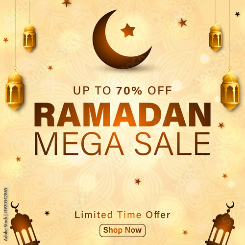 Ramadan Mega Sale Promotion Banner with Golden Lanterns, Islamic Holiday Shopping Discount Background with Crescent Moon, Elegant Ramadan Kareem Sale Template for Social Media Ads, Luxury Golden Ramad