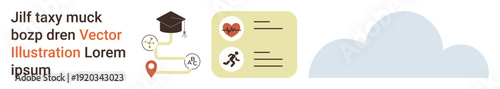 Education, fitness, learning, lifestyle, route planning, goal setting. Academic cap linked to fitness and heart icons. Education and fitness concepts visually connected by pathway illustration
