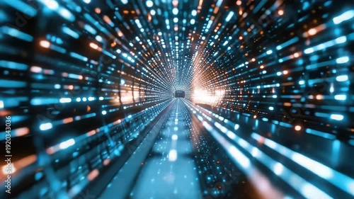 Wallpaper Mural Accelerating Through Futuristic Digital Tunnel with Streams of Cyan and Orange Light Particles Torontodigital.ca