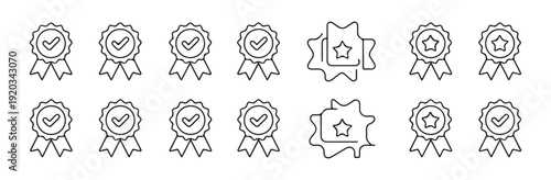 Badge icon set with check mark and star symbols for quality assurance award recognition and certification icons