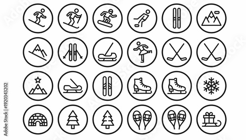Winter Sports Icons Set: Skiing, Snowboarding, Skating, Sledding, Ice Hockey