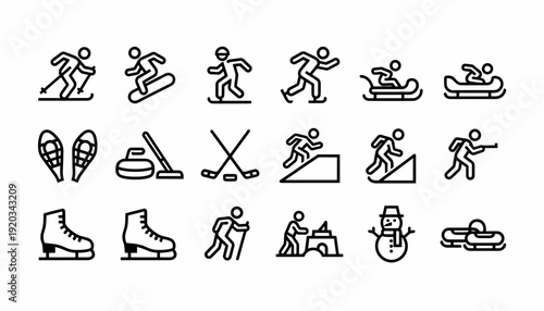 Winter Sports Icons Set: Skiing, Snowboarding, Skating, Curling, Sledding