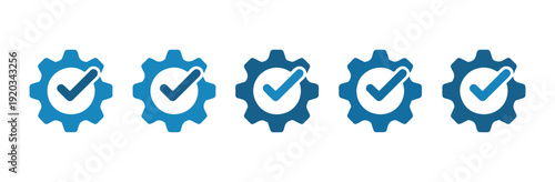 Gear with checkmark icon set, process complete, settings done, system update or update completed