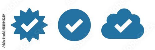 Solid blue verification check mark icons with rosette circle and cloud shapes for account status confirmation