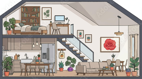 A modern house interior with kitchen living room and bedroom upstairs