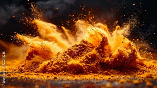 A vibrant explosion of orange powder erupts against a dark background