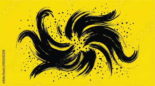 Abstract swirling black brush strokes on yellow background with dots