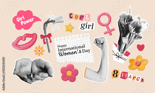 Girl power stickers in collage style. Halftone elements, 3d plastic flowers, gender sign. International women's day objects for planners, 8 march banners, social media designs. Vector illustration.