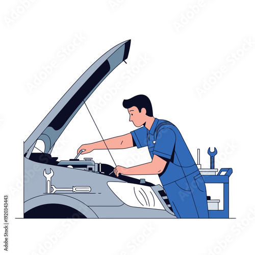 Mechanic working on car engine, auto repair service, vehicle maintenance, workshop, tools