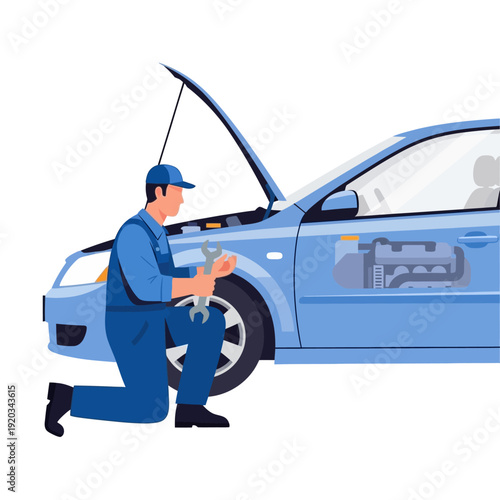 Mechanic repairing a blue car with open hood, detailed engine illustration