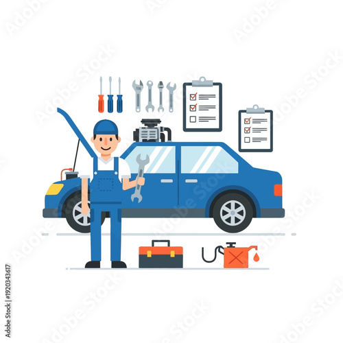 Mechanic repairing a blue car with tools and checklist in a workshop