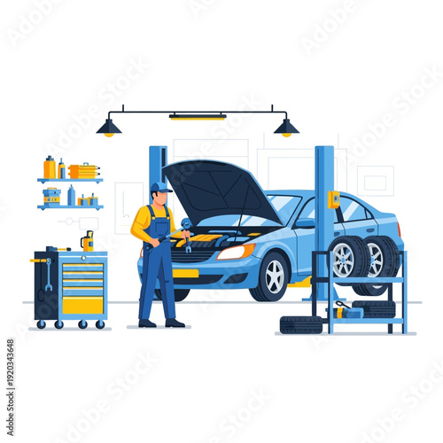 Mechanic repairing a car on a lift in a modern auto service workshop