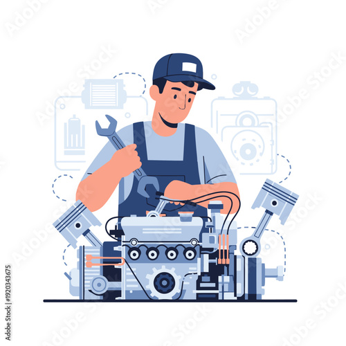Mechanic repairing car engine with tools, pistons and engine parts illustration