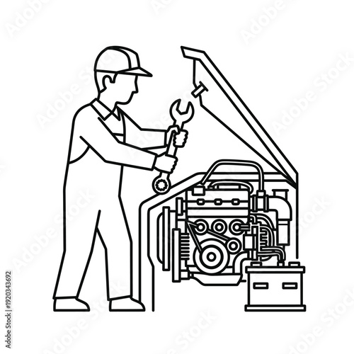 Mechanic repairing car engine with wrench, auto service, workshop, professional maintenance