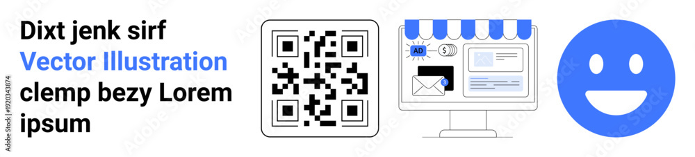 Obraz premium E-commerce, digital communication, QR codes, web presence, online navigation, marketing. QR code near a storefront interface and a happy face icon. E-commerce and digital communication concept