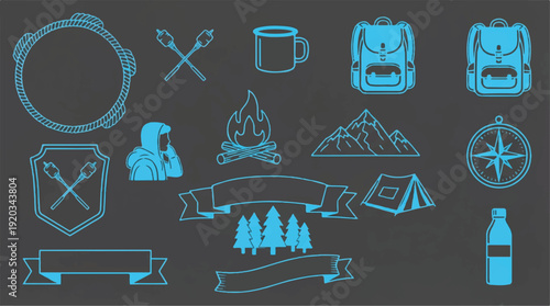 Camping icons and symbols for outdoor adventure travel and hiking