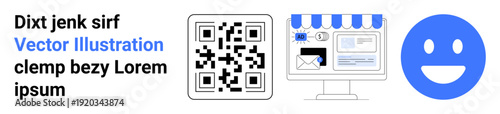 E-commerce, digital communication, QR codes, web presence, online navigation, marketing. QR code near a storefront interface and a happy face icon. E-commerce and digital communication concept