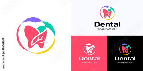 Creative modern abstract dental care with leaf shapes colorful, Logo icon design vector illustration, Abstract symbol dentist tooth sign for dentist health and brand identity