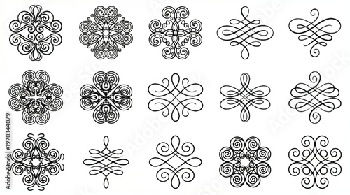Collection of intricate black line art designs with swirling patterns and shapes on white background