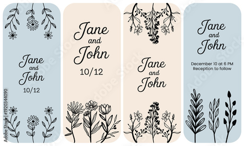 Wedding invitation designs with elegant botanical outlines and romantic script for Jane and John, on soft pastel backgrounds, for a joyful event.