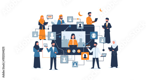 Diverse group of people interacting with technology.