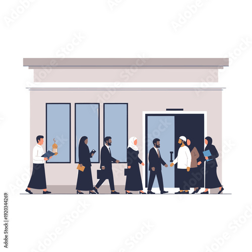 Diverse group of people walking outside building.