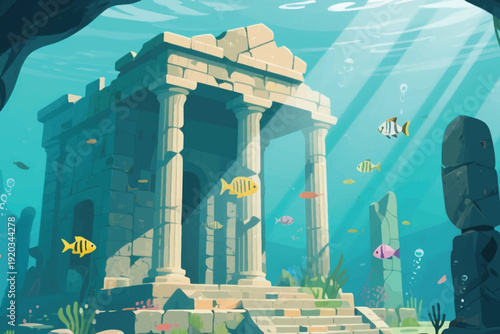 Obraz na plátně Ancient underwater temple ruins with columns and pediment, surrounded by coral reefs and colorful fish, vibrant ocean illustration evoking history, mystery, and marine exploration