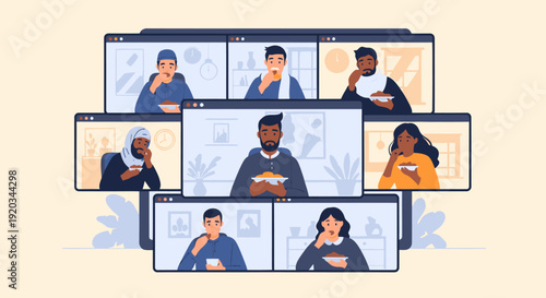 Diverse people in video conference meeting.