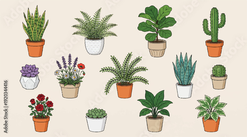 collection of potted plants and flowers on beige background