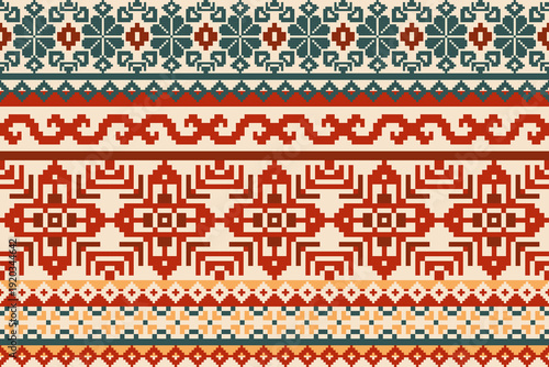 Seamless pixel woven ethnic pattern in red, green and beige tones. Suitable for jacquard fabric, upholstery production, textile printing and large scale apparel manufacturing.
