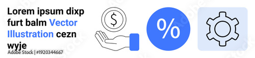 Hand holding a coin, percentage sign, and gear icon representing finance, calculation, and optimization. Ideal for business planning, banking, loans, savings tax fintech simple landing page