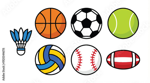 Collection of various sports balls and shuttlecock used in popular games