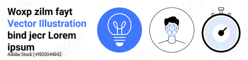 Innovation, facial recognition, time management, modern technology, identity verification, creativity. A light bulb, facial recognition graphic stopwatch. Innovation and facial recognition concepts