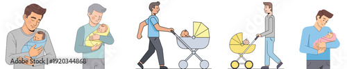 Young fathers holding and caring for newborn babies and pushing strollers for modern fatherhood and parental care concept illustration