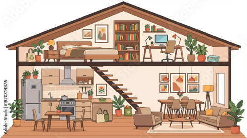 Cozy modern home interior with kitchen living room and bedroom upstairs