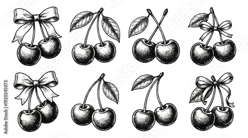 Detailed illustration of cherries with bows and leaves on white background