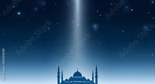 Islamic Mosque Silhouette Under Starry Night Sky with Celestial Light Beam and Crescent Moon Dome