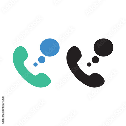 Two stylized telephone receiver icons with speech bubbles in green blue and black colors symbolizing communication
