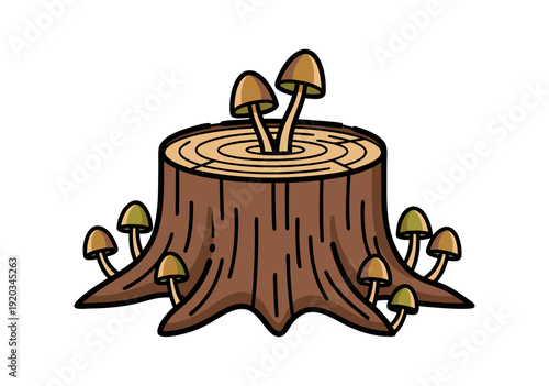 Vector Illustration of Cartoon Tree Stump with Growing Mushrooms in Nature Scene