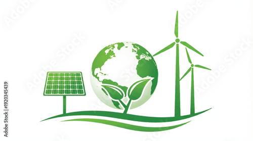 Green energy concept with solar panel wind turbines and earth globe