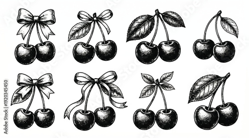 Hand drawn cherries with leaves and bows on white background