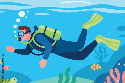 Cartoon scuba diver in blue wetsuit with mask and oxygen tank exploring underwater coral reef, surrounded by colorful fish, bubbles, and aquatic plants.