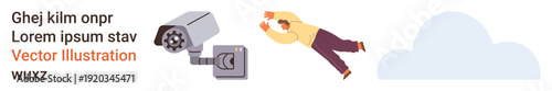 Digital security, surveillance monitoring, risk management, data protection, technology awareness, online vulnerability. Surveillance camera and falling person next to a cloud. Digital security