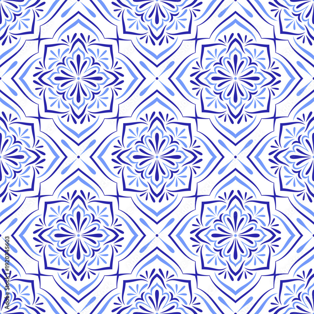 Fototapeta premium Mediterranean blue tile. Azulejo, talavera or majolica ethnic seamless pattern. Portuguese, Moroccan, Sicilian, Spanish folk motifs. Floral ornament. Square mosaic background. Vector illustration