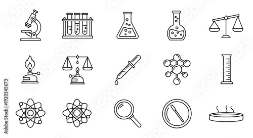 Science Icons Collection: Microscope, Flasks, Scales, Pipette, Atom
